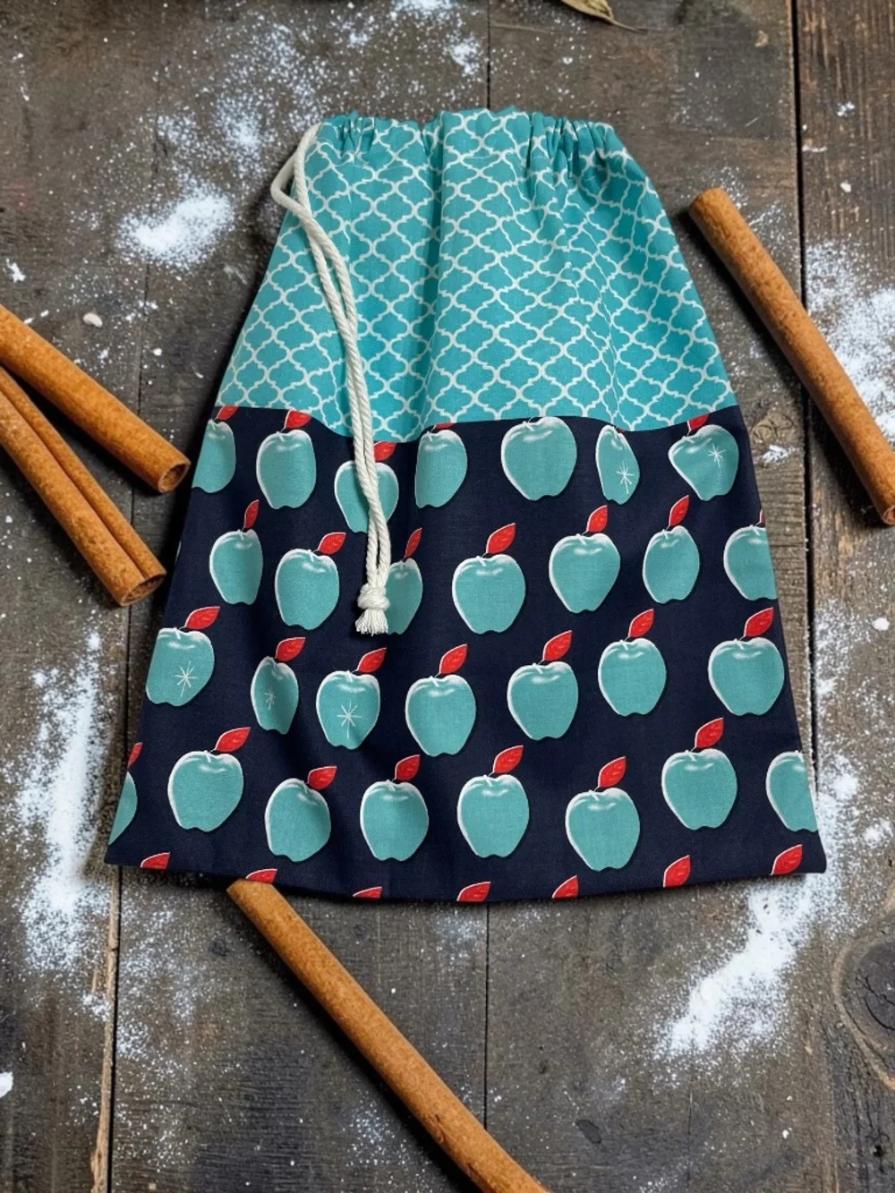 Teal Apple Print Bread Bag, Reusable Cotton Bread Bag, Sourdough Storage Bag